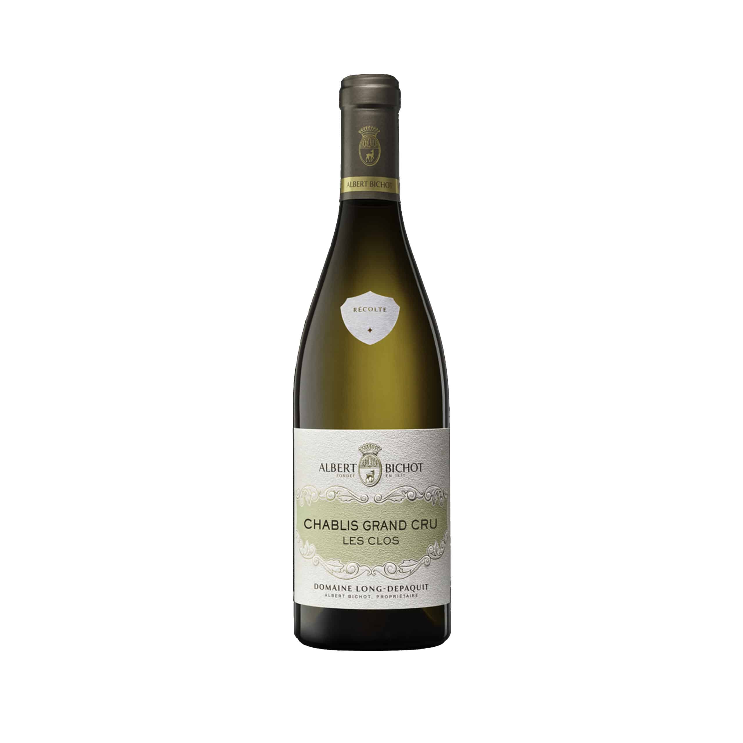 Traditional heavy-glass bottles of Chablis Grand Cru Prestige Les Clos showing the pale straw yellow liquid hue with golden hints and a classic cream-colored artisanal label.