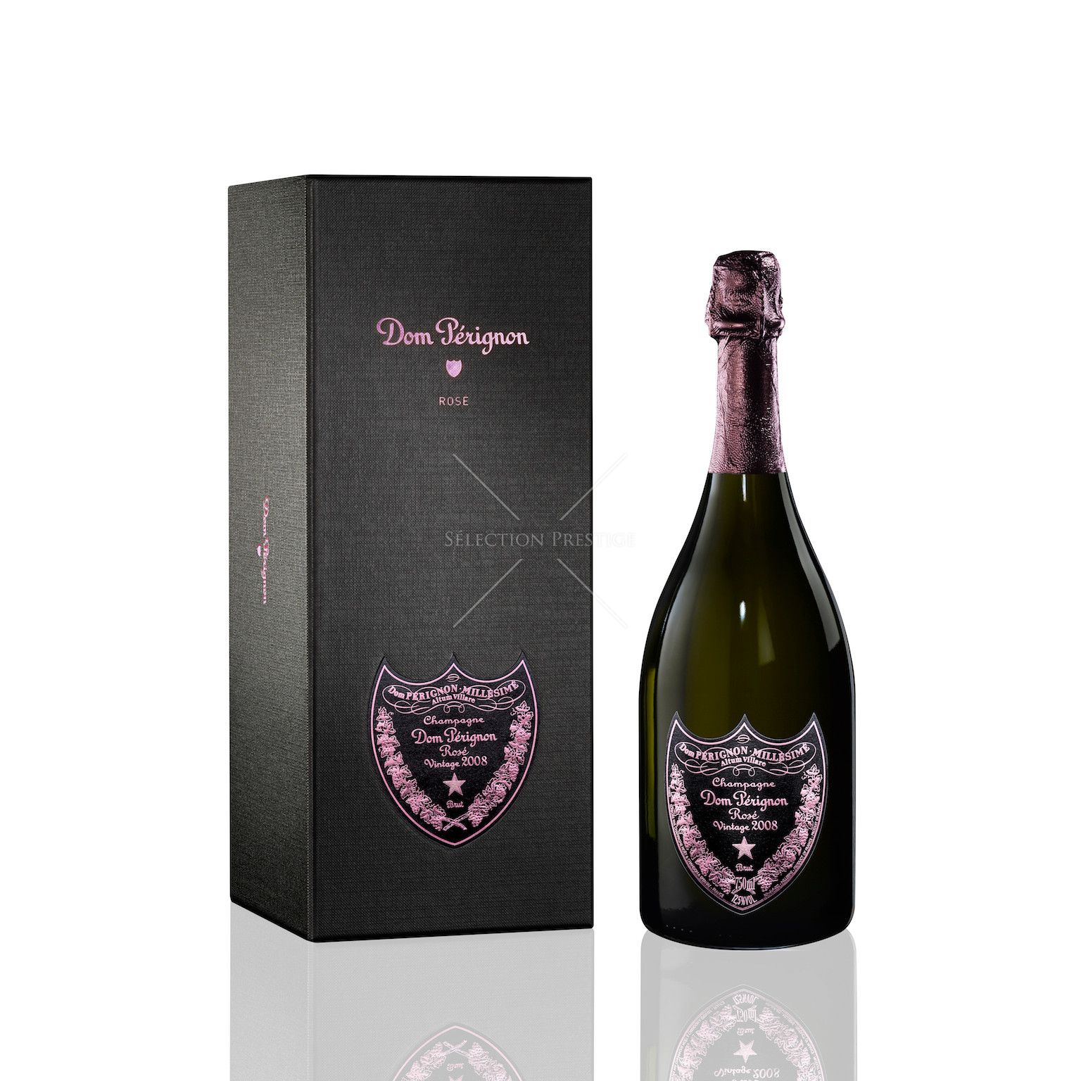 Dom Perignon Royal Rose 2008 vintage bottle standing proudly under gallery spotlighting, showcasing its iconic dark shield-shaped label with metallic pink lettering and a matching deep bronze foil neck collar.