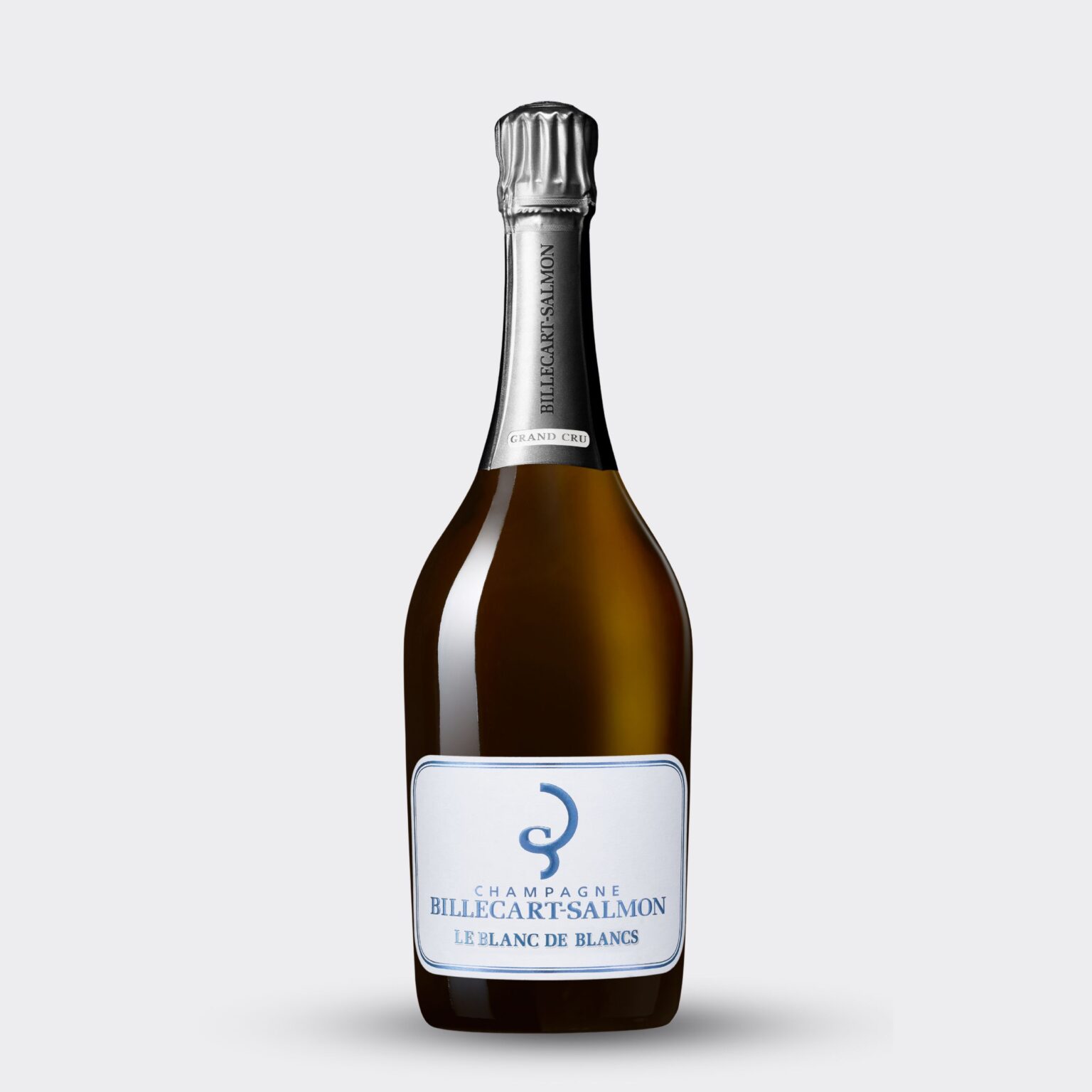 Billecart Blanc Vintage Grace 2009 bottle resting inside a dark wooden display box, highlighting its elegant amber bottle glass, minimalist cream label, and premium silver neck capsule.