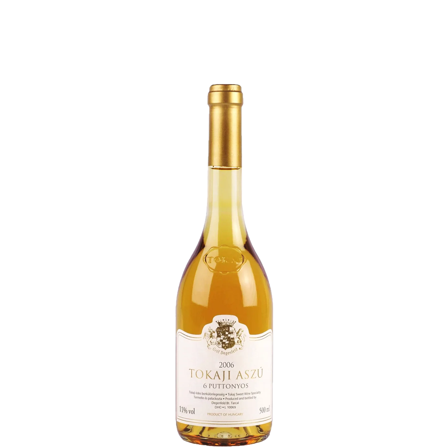 A traditional 500ml Tokaji 6 Puttonyos Aszú bottle showcasing its radiant, deep amber-topaz liquid hue and classic clear glass silhouette, standing proudly next to a premium linen-lined presentation capsule.