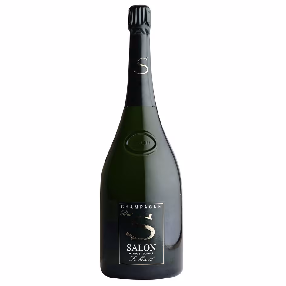 Salon Mesnil Diamond 2012 vintage bottle standing proudly under focused gallery spotlighting, highlighting its iconic deep green bottle glass, minimalist dark label with the striking metallic silver S logo, and matching heavy neck foil.