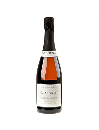 Egly Ouriet Majestic Noirs Grand Cru bottle standing elegantly against a white backdrop, showcasing its historic dark textured label, gold font detailing, and matching gold neck foil.