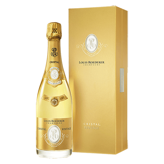 Roederer Cristal Vintage Purity 2015 bottle standing elegantly inside its protective orange anti-UV cellophane wrap, showcasing its flat-bottomed crystal clear glass shape, regal gold label, and premium gold neck foil capsule.