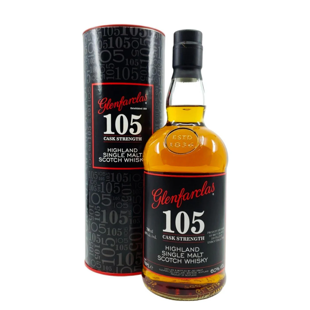 Glenfarclas 105 Proof Cask Strength single malt Scotch whisky bottle showing its deep peaty gold natural hue and bold black label next to its presentation tube displaying the prominent 60% ABV statement.