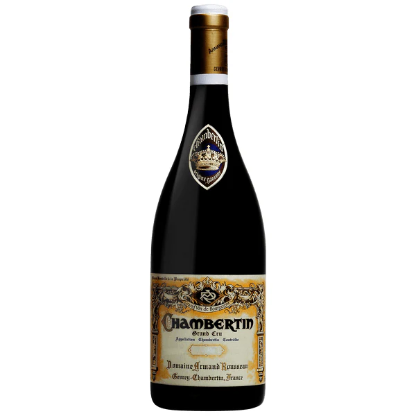 A traditional bottle of Rousseau Chambertin Royalty Grand Cru showing its iconic, minimalist white label with fine black script, historical domain detailing, and a premium red capsule on a heavy dark glass bottle.