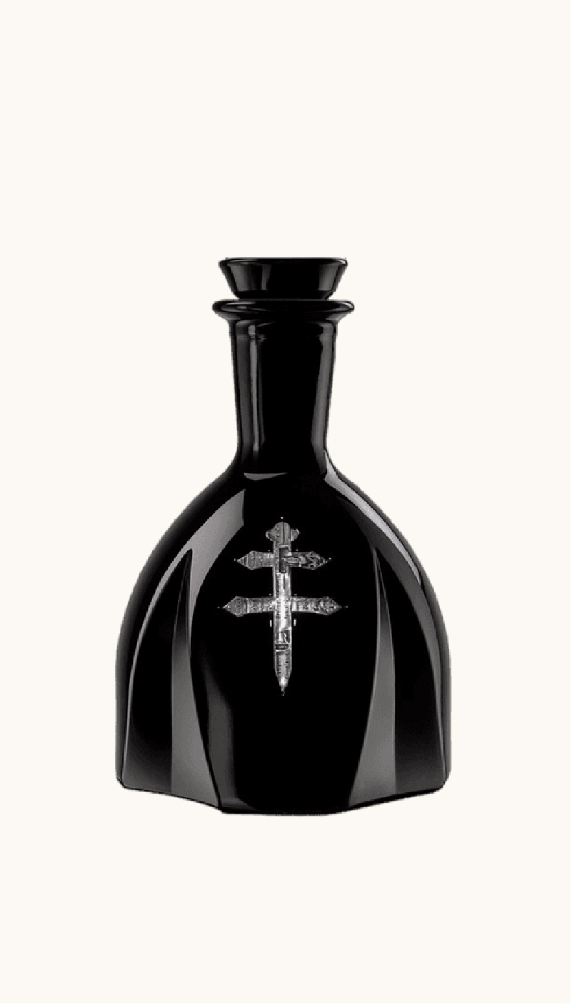 D'Usse XO Cognac premium opaque black glass decanter featuring the metallic silver Cross of Lorraine emblem standing on a luxury retail display.