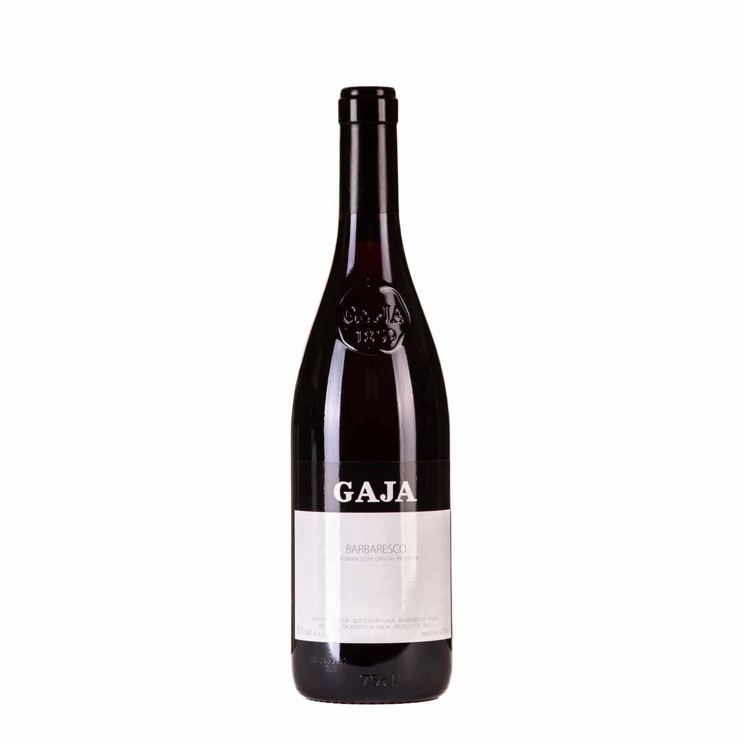 A traditional bottle of Gaja Nebbiolo Heritage Barbaresco displaying its iconic, minimalist white and black label with clean typography and a deep capsule on a heavy dark glass bottle.