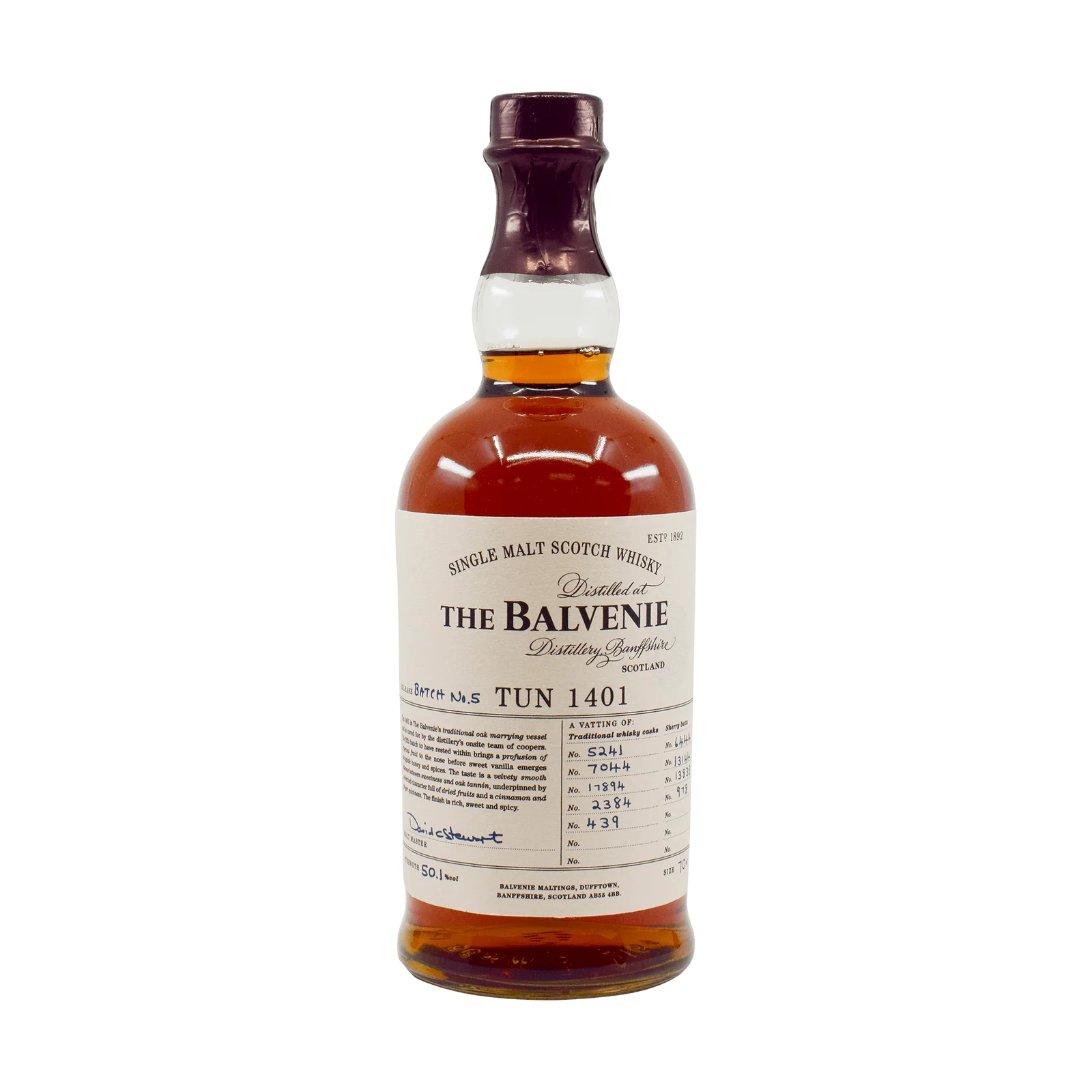Balvenie 30 Vintage Year Old Rare Marriages single malt bottle showcasing its golden honeyed hue and iconic cream calligraphy label resting elegantly inside its premium textured dark leather presentation case.