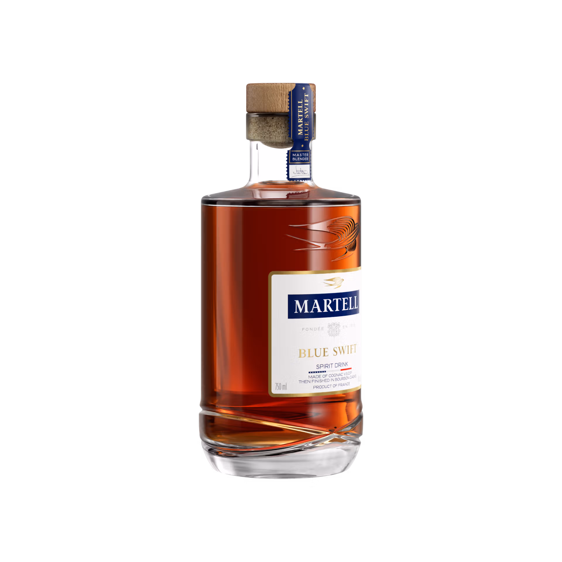Martell Blue Swift VSOP Bourbon Cask Finish heavy cylindrical glass bottle showing its deep amber spirit, standing on a luxury retail display shelf.