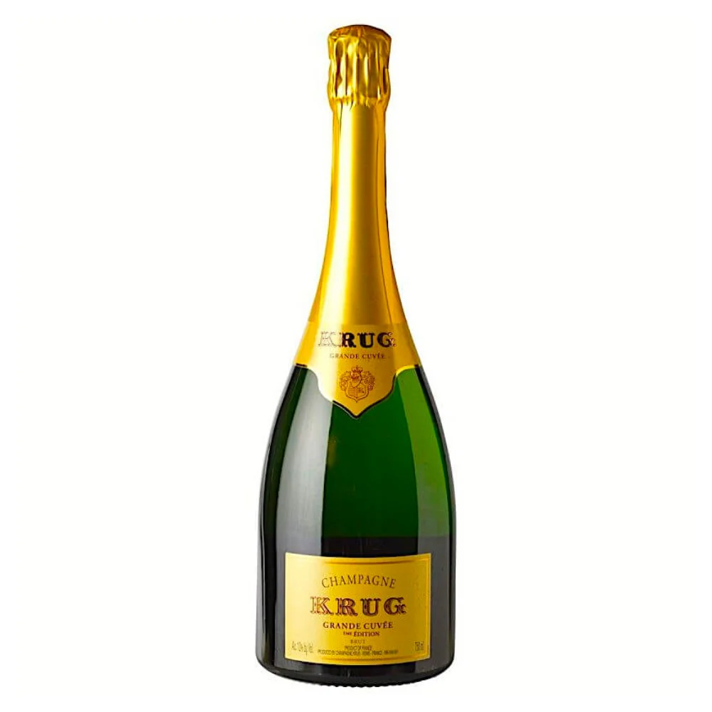 Krug Grande Cuvee Masterpiece 170eme Edition bottle standing proudly in a luxury display, highlighting its iconic antique-style neck profile, rich golden label with elegant black script, and a premium gold foil neck capsule.