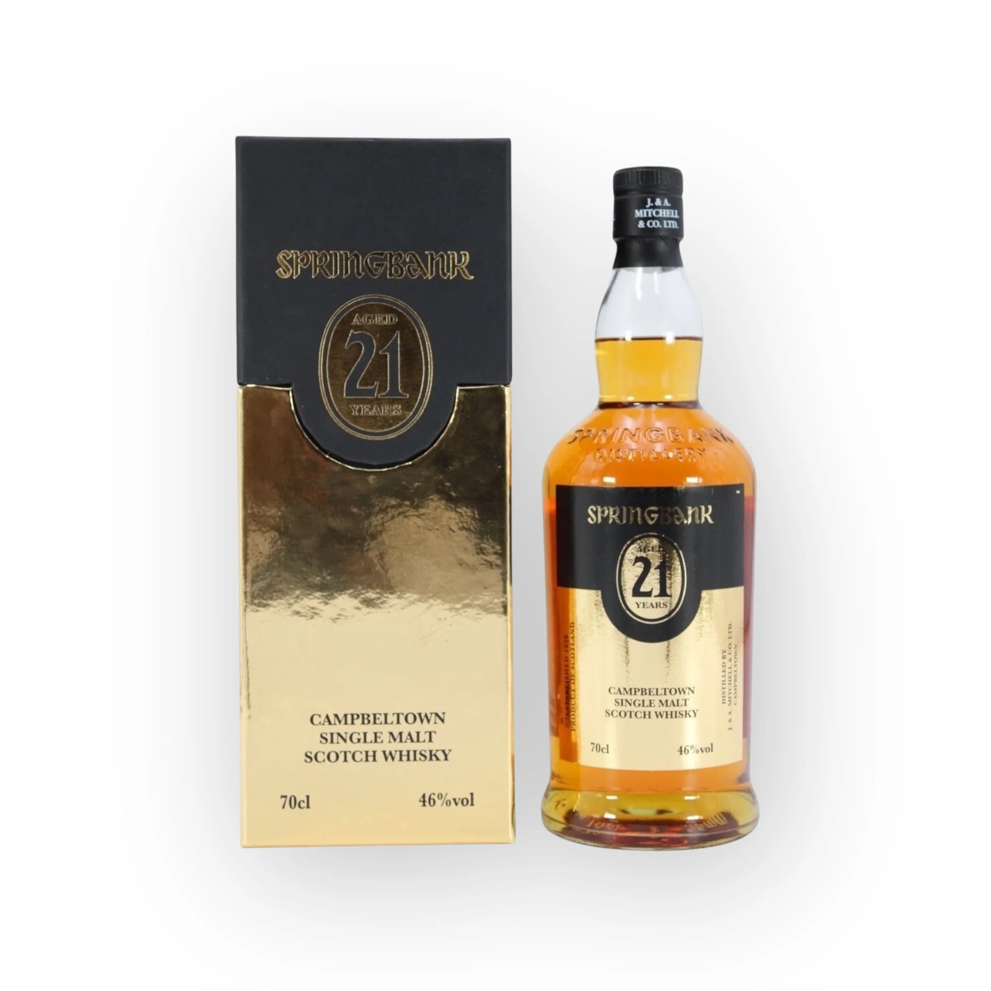 Springbank 21 Maritime Campbeltown Single Malt Scotch Whisky bottle showing its deep golden amber hue and minimalist cream and black label next to its premium black and gold presentation box.