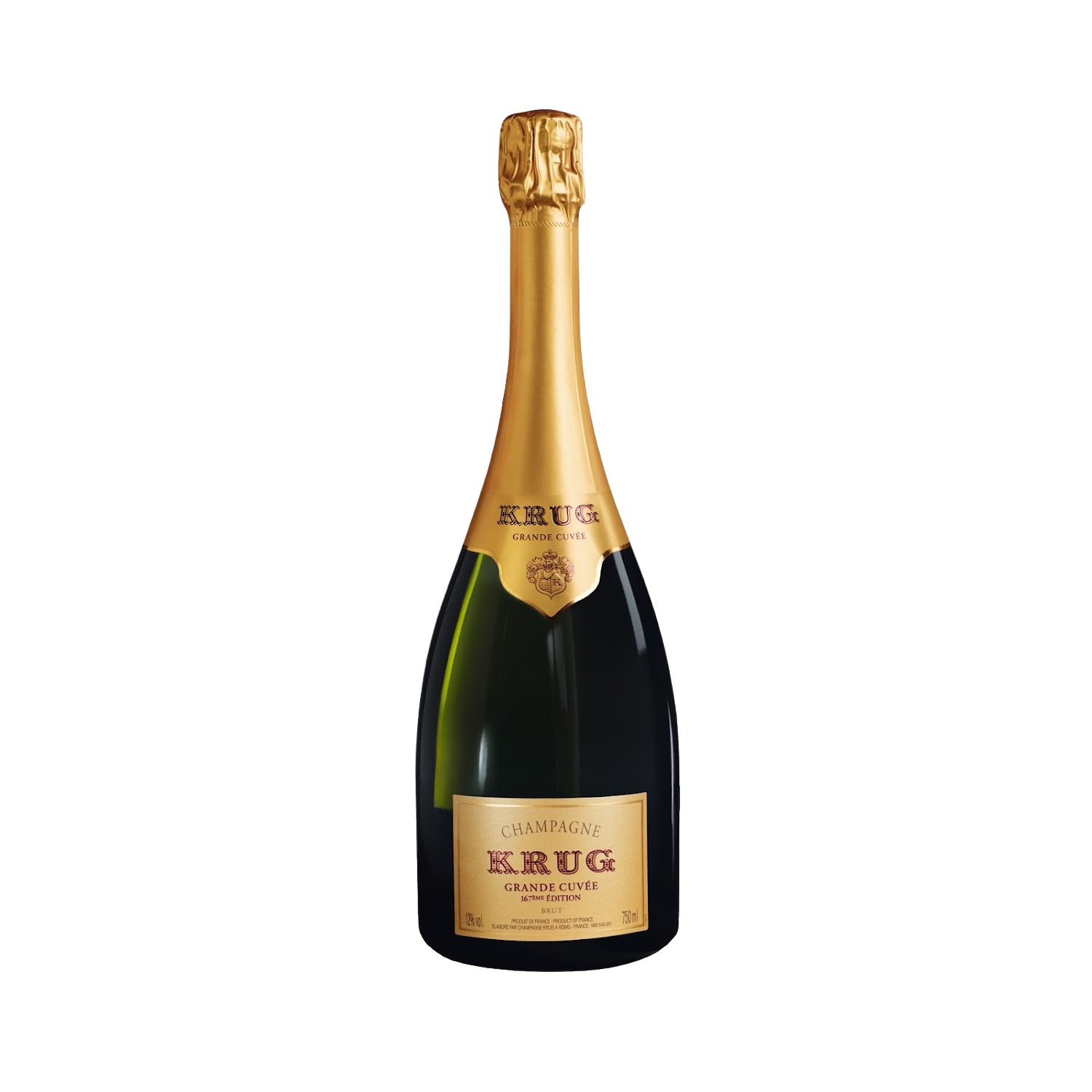 Krug Majestic Jeroboam 3L bottle standing grandly next to its custom-crafted natural oak presentation case, showcasing the historic gold label and iconic shield neck collar.