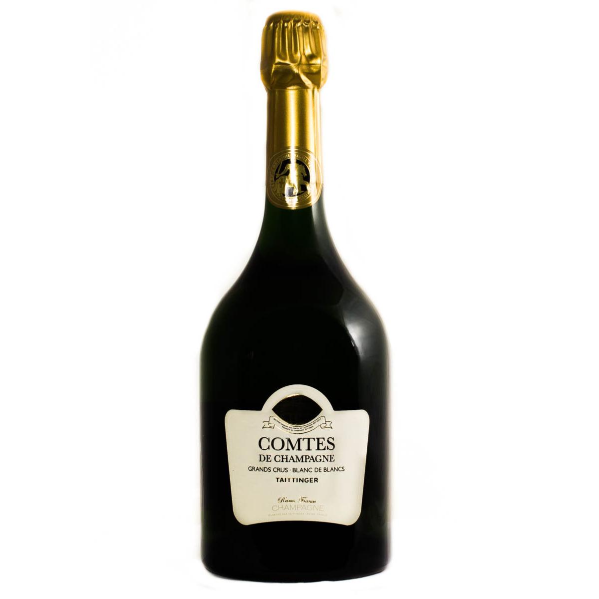 Taittinger Comtes Vintage Majesty 2013 bottle standing elegantly, showcasing its historic antique-style low-slung dark green bottle profile, minimalist cream-white label with gold lettering, and premium golden neck foil.