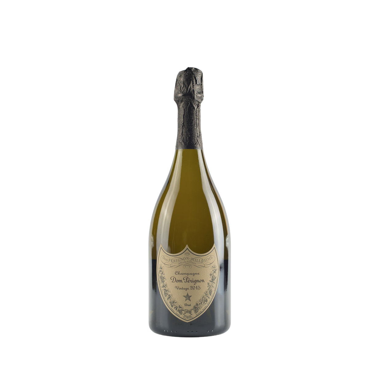 Dom Perignon Vintage Majesty 2015 bottle standing majestically under low gallery spotlights, showcasing its iconic dark-green shield-shaped glass profile, the classic dark metallic label with silver-gold script, and its premium matching neck foil wrap.