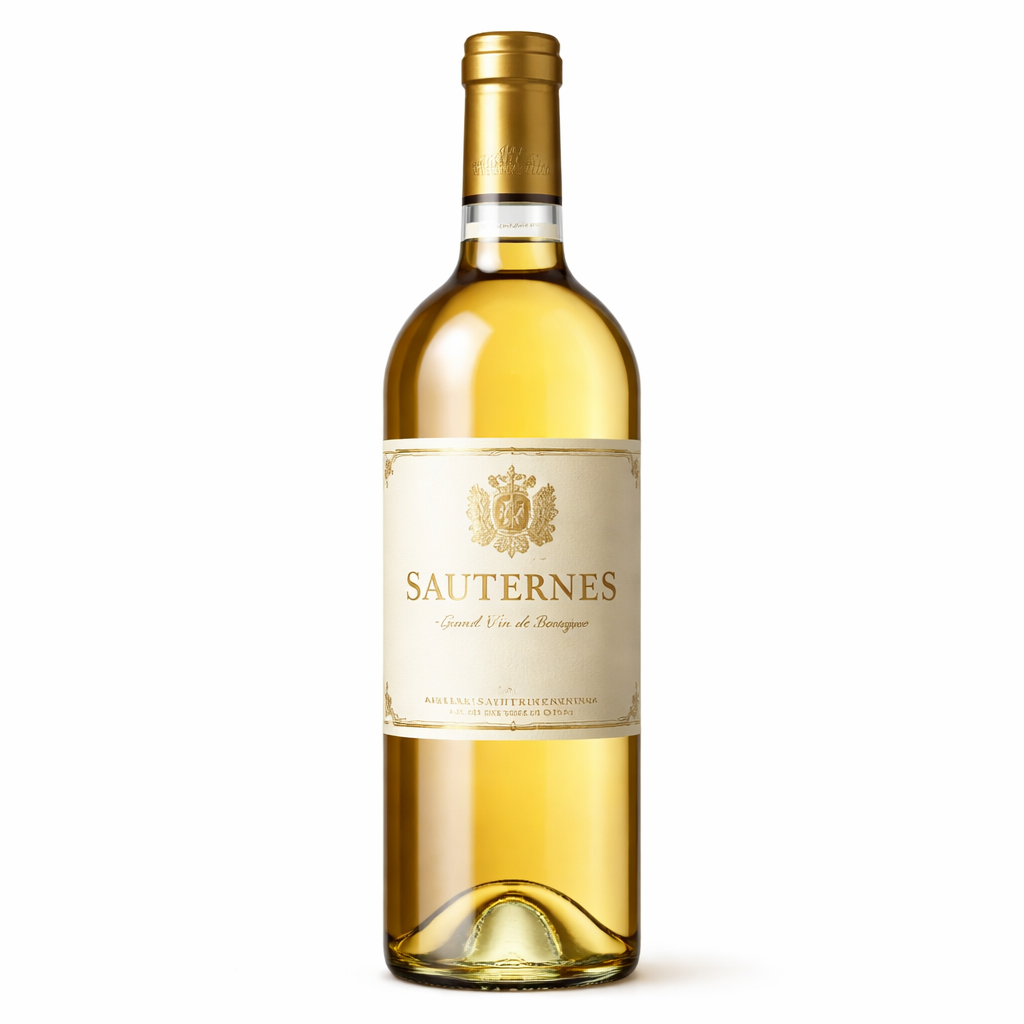 A traditional bottle of Yquem Sauternes Prestige displaying its luminous, rich golden liquid color and the iconic minimalist cream label with gold script text inside a luxury cellar.