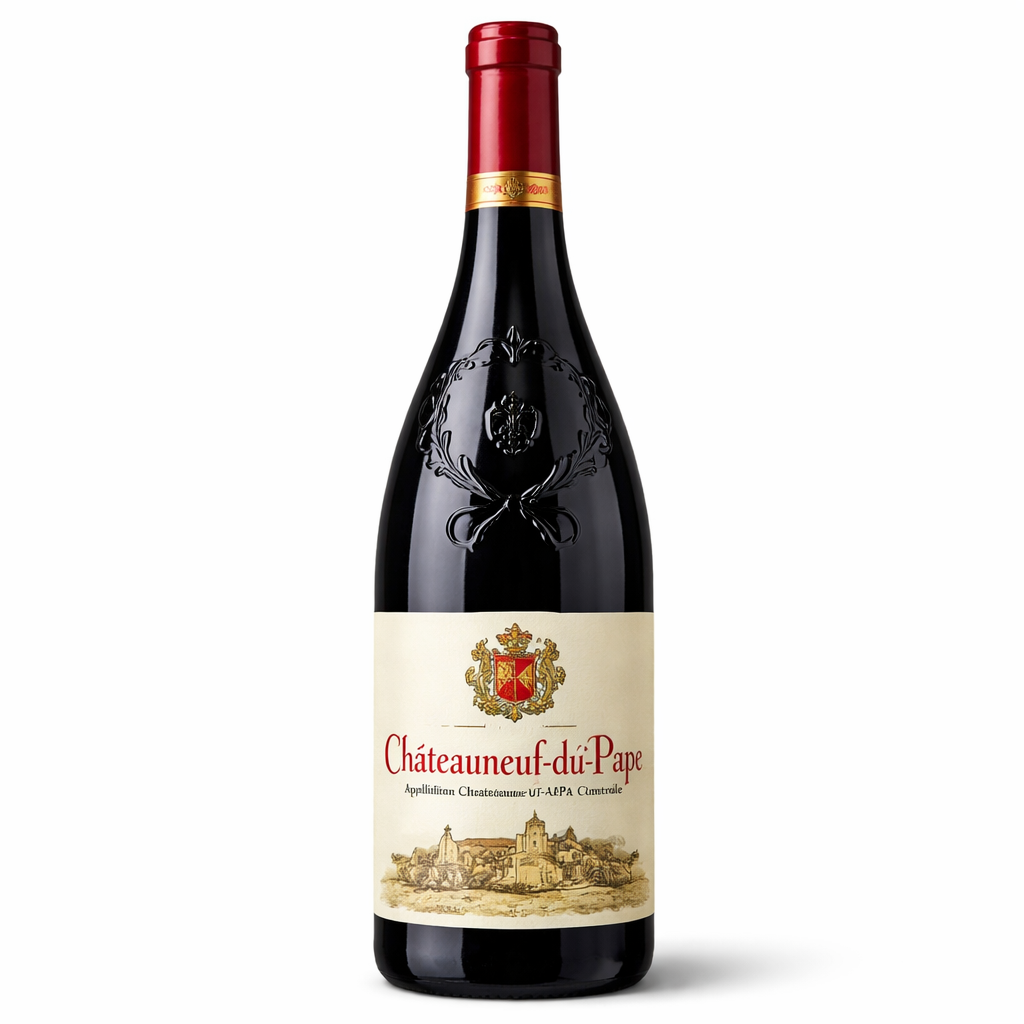 A traditional bottle of Château Rayas displaying its legendary white label with thin red text and an inverted triangular label reading Reserve, illustrating the iconic profile of the Rayas Sandy Grenache allocation.