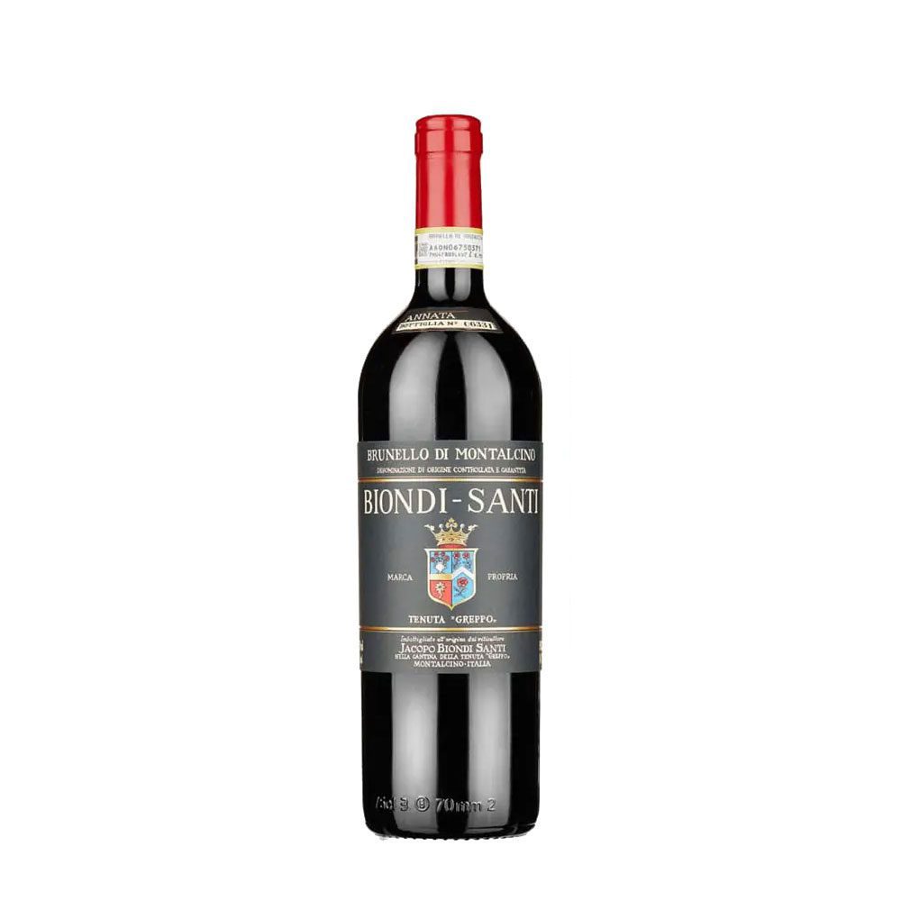 A traditional bottle of Biondi Santi Clone Brunello di Montalcino Riserva displaying its historic, minimalist white label with fine black script and a bold gold sash cutting across the vintage stamp on a heavy green glass bottle.