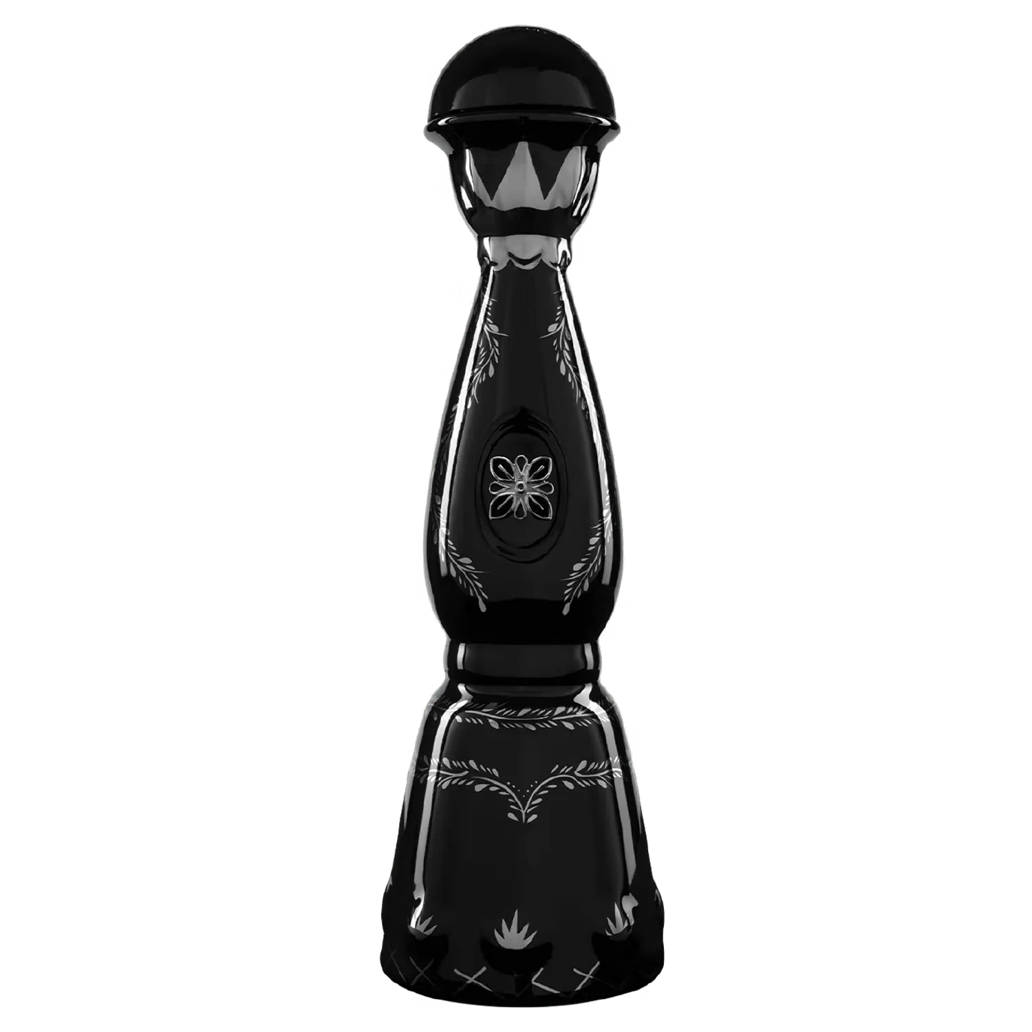 Clase Azul Ultra Extra Anejo Tequila iconic handmade black ceramic decanter hand-painted with liquid platinum filigree details, standing on a luxury display shelf.