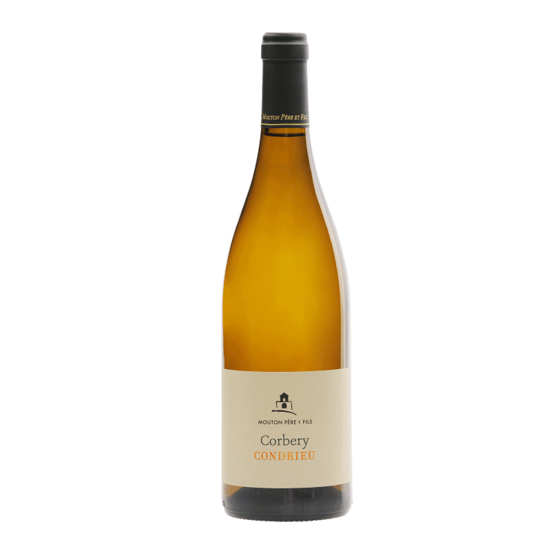 A sleek, traditional bottle of Condrieu Viognier Prestige white wine displaying its radiant golden hue and an elegant minimalist label, showcasing the flagship Northern Rhone design.
