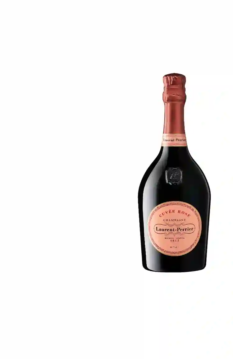 Laurent Perrier Rose Icon bottle standing elegantly against a dark backdrop, showcasing its iconic low-slung curved bottle profile, pink-salmon oval label, and deep bronze neck foil.