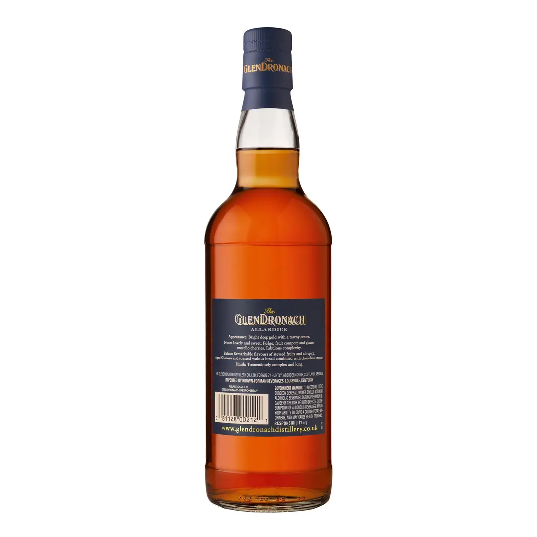 Allardice Sherry Malt GlenDronach 18 Year Old single malt bottle showcasing its deep walnut-brown natural hue and classic royal blue label next to its premium matching presentation box.