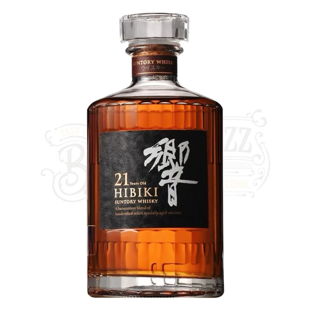 Hibiki 21 Blend Old Japanese Whisky masterpiece bottle design showcasing its legendary 24 facet crystal decanter profile with an authentic deep purple and cream textured paper label reflecting artisanal luxury.