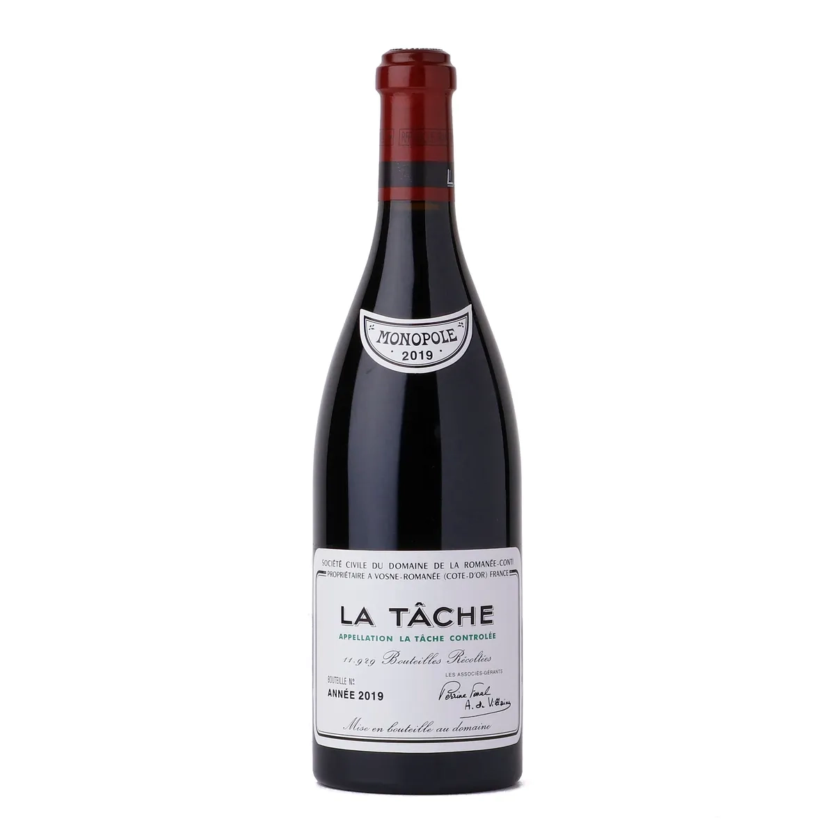 The sun-drenched grand cru slopes of Vosne-Romanee displaying rows of ancient, low-yielding Pinot Noir vines that yield the legendary La Tache Monopole Majesty allocation stretching across limestone-rich marl soils under a clear blue sky.