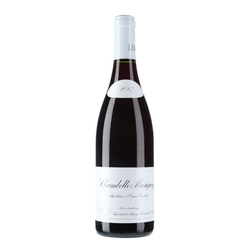 A historic bottle of Leroy Biodynamic Musigny Grand Cru showing its iconic, minimalist white label with delicate black typography, an embossed glass capsule seal, and a pristine red foil capsule on an authentic heavy Burgundy-style bottle.