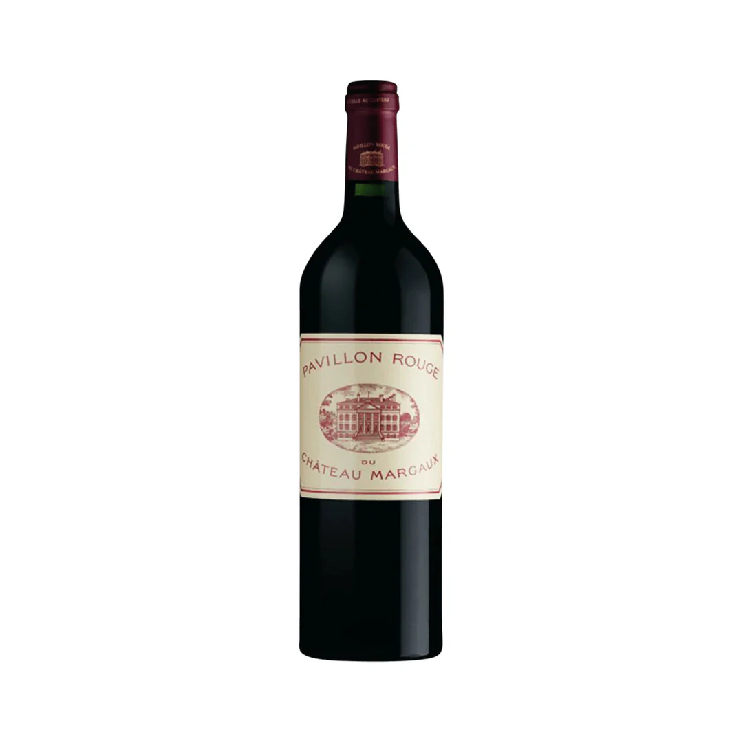 Margaux Ethereal Cabernet 2016 vintage bottle standing proudly inside a luxury cellar display cabinet showcasing its historic neo-classical chateau illustration and elegant gold crest neck collar.