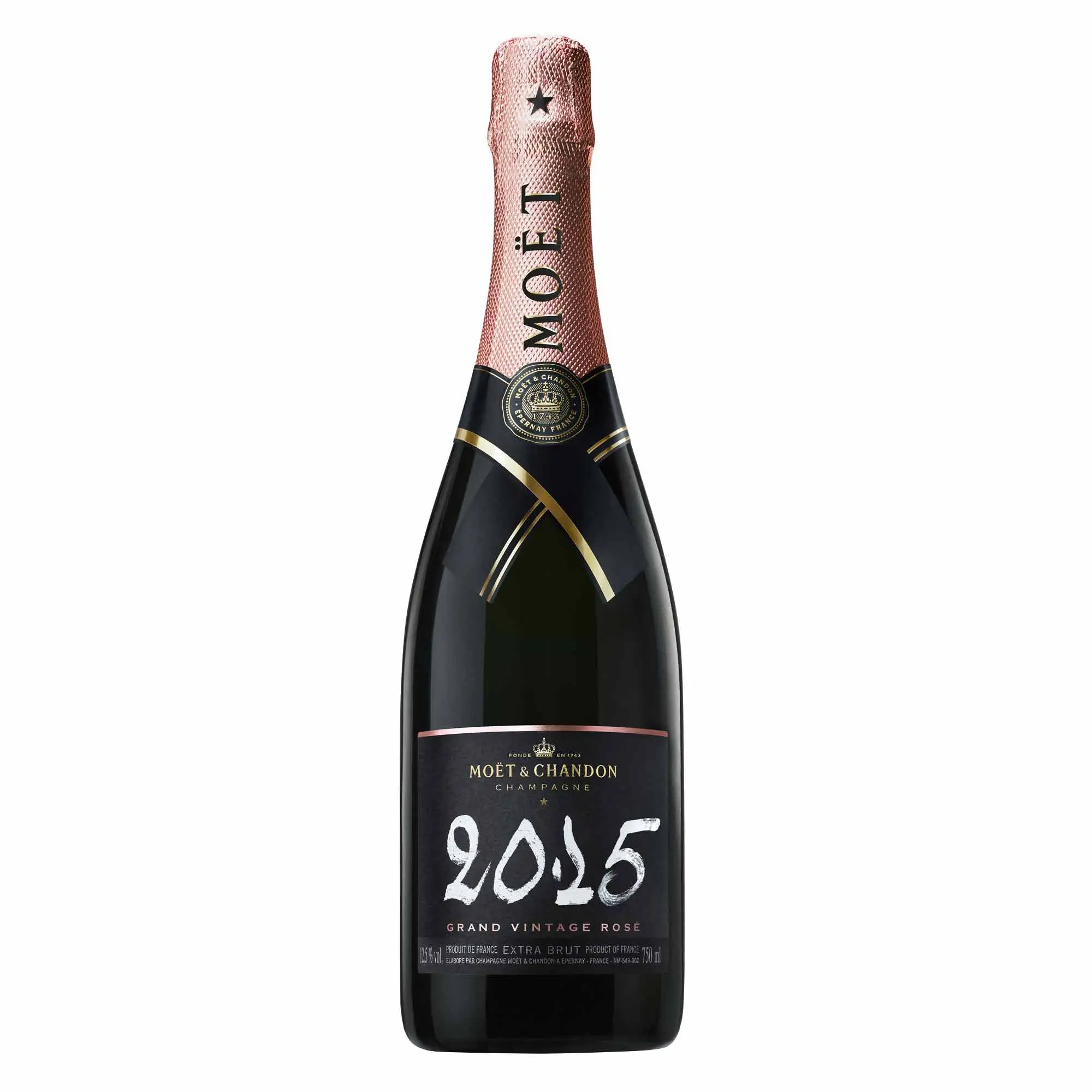 Moet Grand Vintage Prestige 2015 bottle standing elegantly upright, featuring its dark glass profile, minimalist textured cream label with distinct gold accents, and the iconic black tie neck ribbon under a polished gold foil capsule.