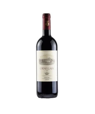 A sleek bottle of Ornellaia Bolgheri Superiore displaying its elegant cream label with a sketch of the historic estate gating, bold gold text accents, and a matching gold foil capsule.