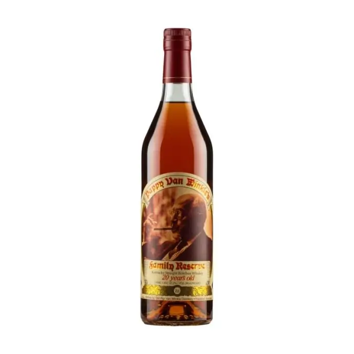 Pappy Van Winkle’s 20 Year Old masterpiece bottle design showcasing its iconic classic glass profile featuring the historic black and white portrait of Julian Pappy Van Winkle Sr smoking a cigar.