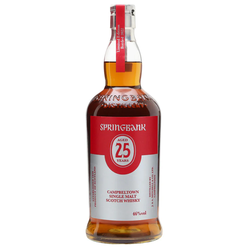 Springbank 25 Year Year Old 2022 masterpiece bottle design showcasing its sleek classic bottle profile with its minimalist cream and gold label resting inside its custom velvet lined presentation gift box.