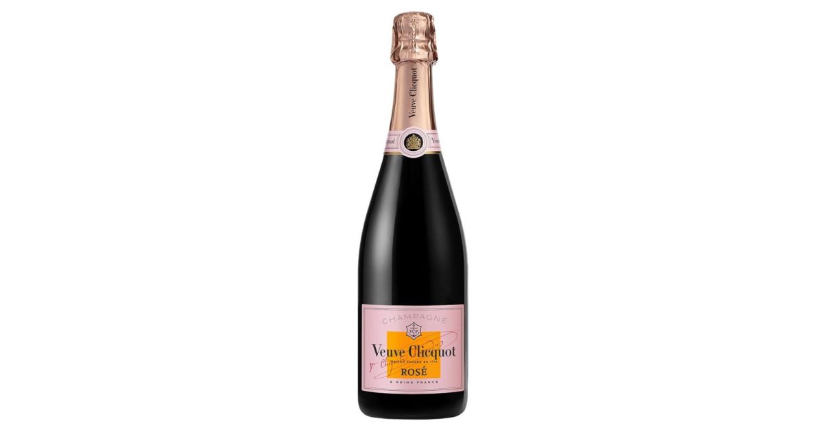 Veuve Clicquot Rose Radiance NV bottle standing upright, showing its historic pink label integrated with the iconic yellow center, dark glass, and matching pink neck collar detailing.