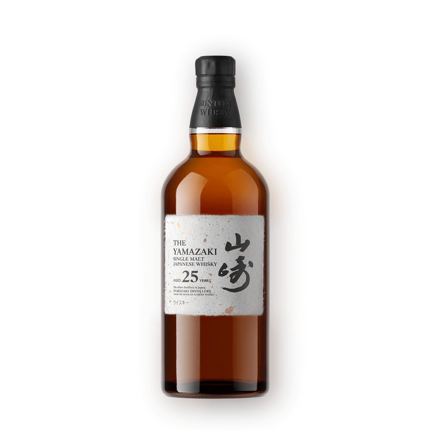 Yamazaki 25 Malt Japanese Whisky masterpiece bottle design showcasing its elegant classic glass silhouette with a hand-woven string neck-tie and a deeply textured cream washi paper label reflecting artisanal luxury.